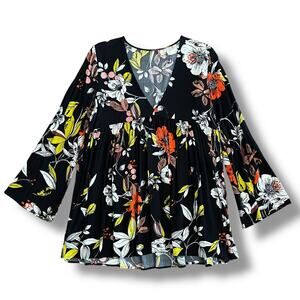 Free People Bella Tunic Top‎ Floral Babydoll Blouse Women’s L Black Multicolor